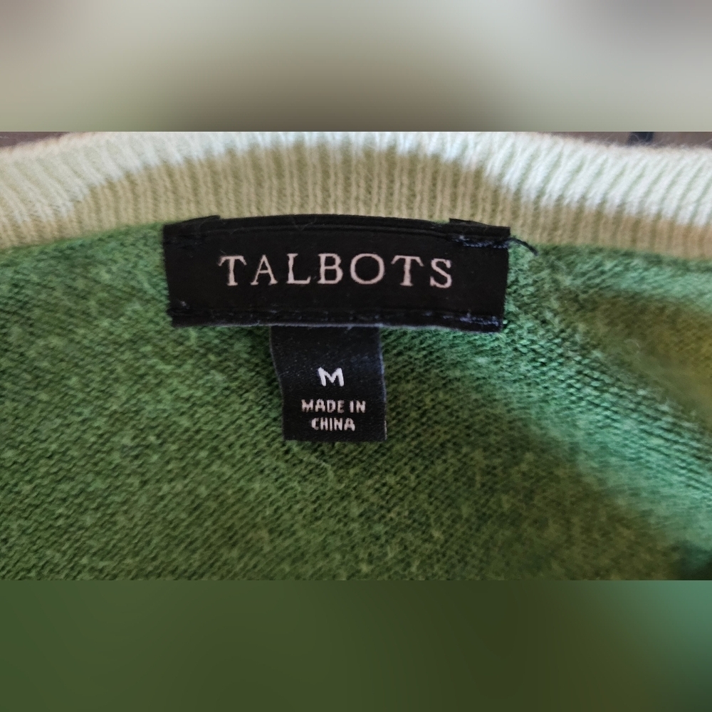 Talbots Green Zip-Shoulder Sweater 3/4 Sleeve Contrast Trim - Size Medium - Picture 3 of 4